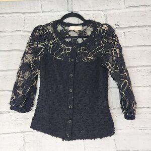 Areve Sequin Embellished Button Front Sheer Lace Cardigan Sweater Black Medium